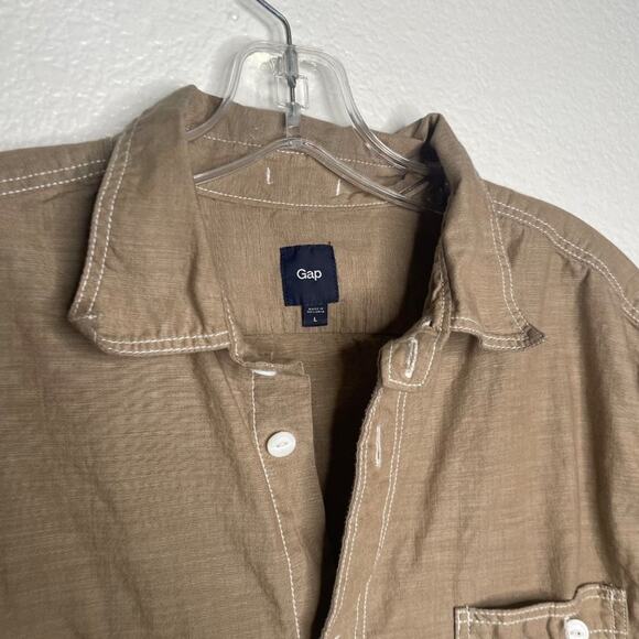 GAP Mens Shirt Size L Light Brown Short Sleeve Collared Button Down Unlined - Picture 10 of 15